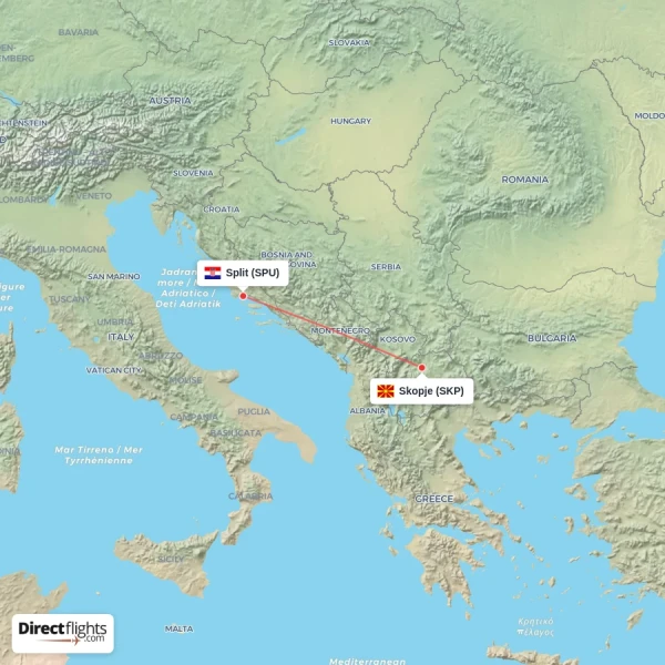 Split - Skopje direct flight map
