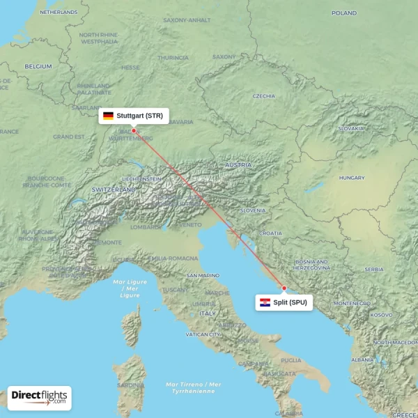 Split - Stuttgart direct flight map