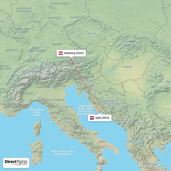 Split - Salzburg direct flight map