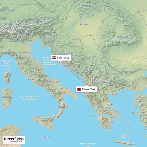 Split - Tirana direct flight map