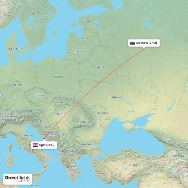 Split - Moscow direct flight map