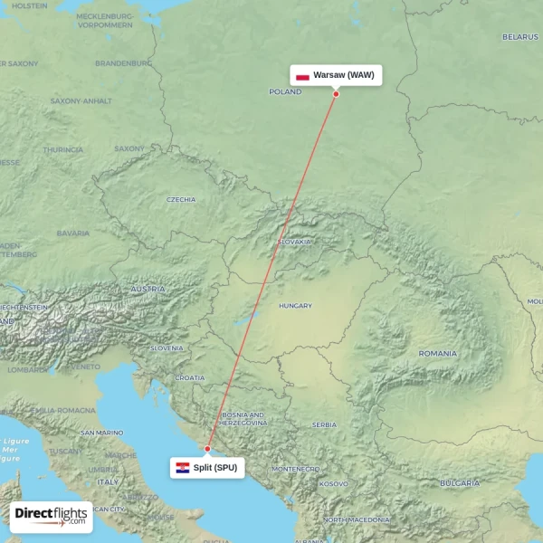 Split - Warsaw direct flight map