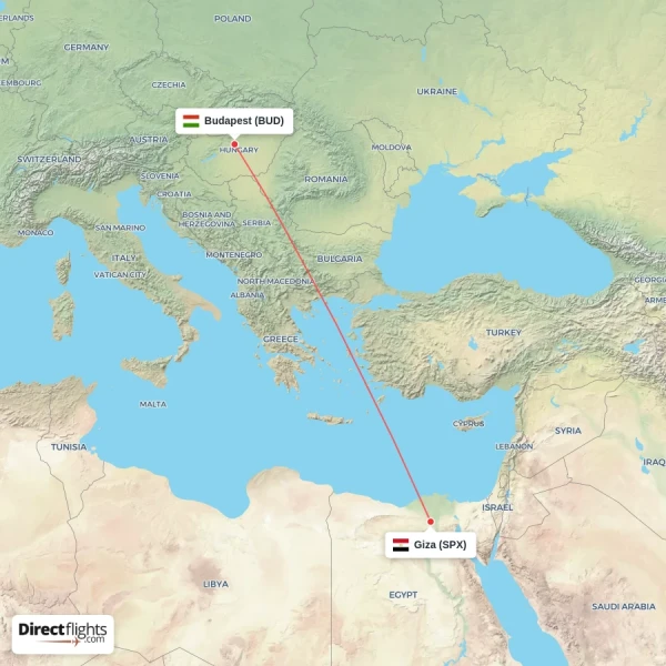 Giza - Budapest direct flight map