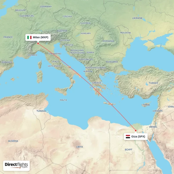 Giza - Milan direct flight map