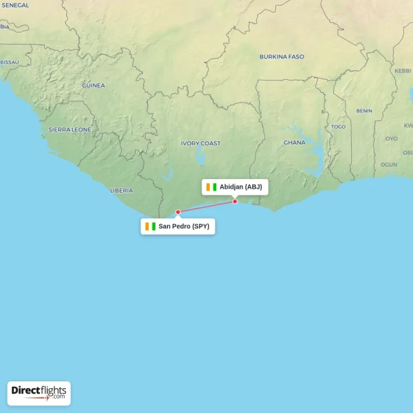 San Pedro - Abidjan direct flight map