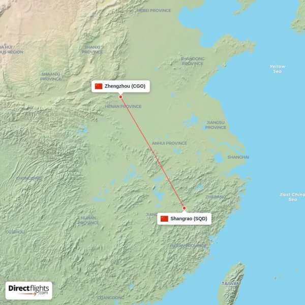 Shangrao - Zhengzhou direct flight map