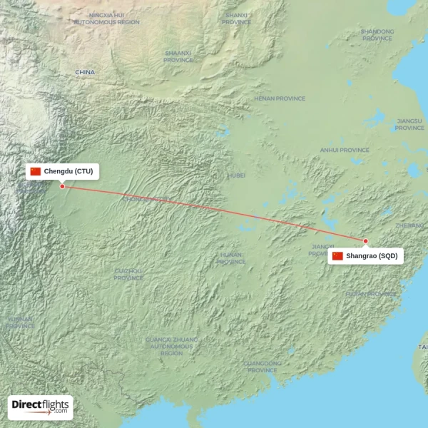 Shangrao - Chengdu direct flight map