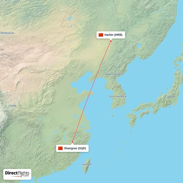 Shangrao - Harbin direct flight map