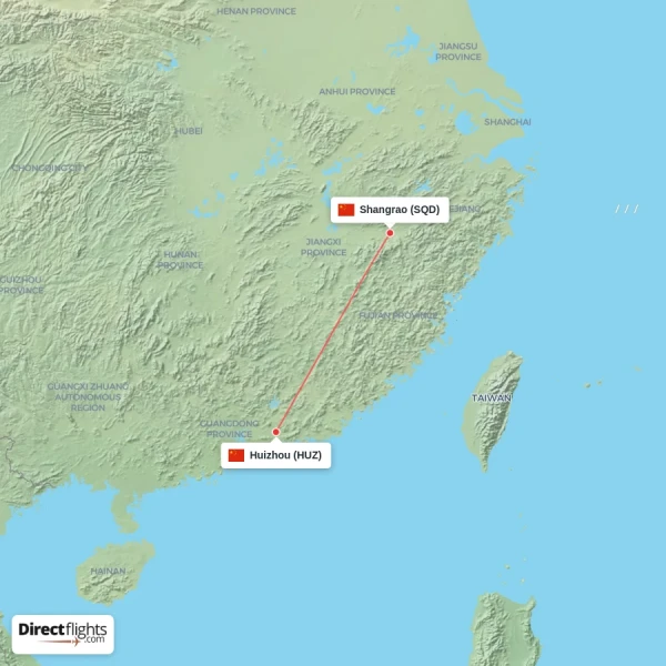 Shangrao - Huizhou direct flight map
