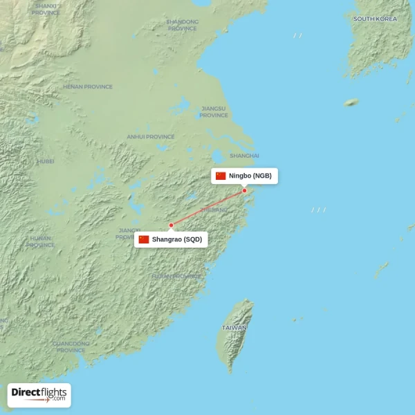 Shangrao - Ningbo direct flight map