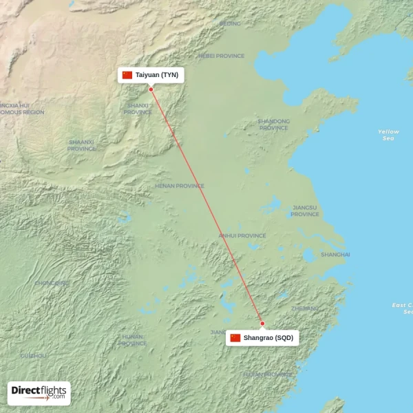 Shangrao - Taiyuan direct flight map