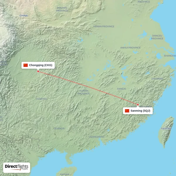 Sanming - Chongqing direct flight map