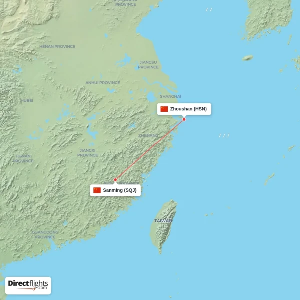 Sanming - Zhoushan direct flight map