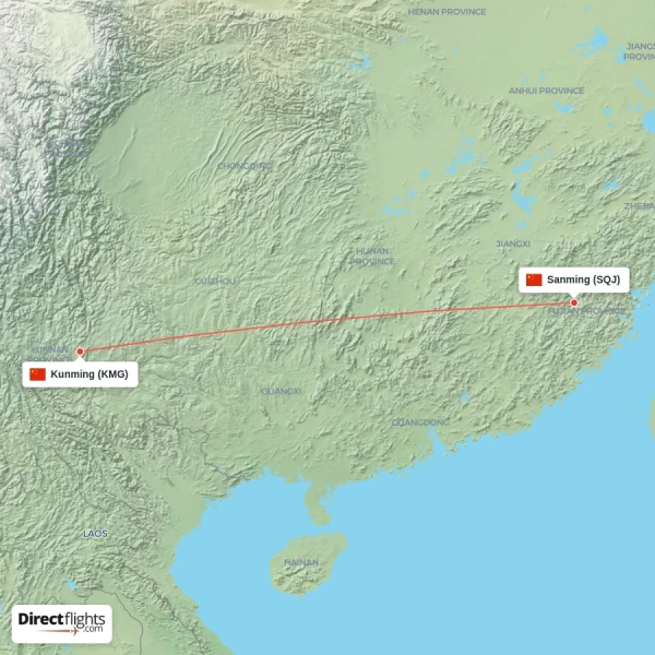 Sanming - Kunming direct flight map