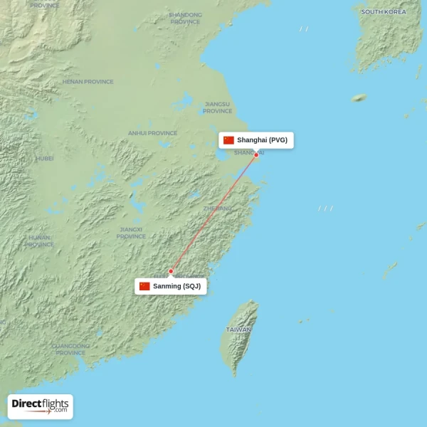 Sanming - Shanghai direct flight map