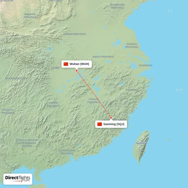 Sanming - Wuhan direct flight map