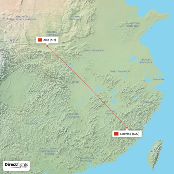 Sanming - Xian direct flight map