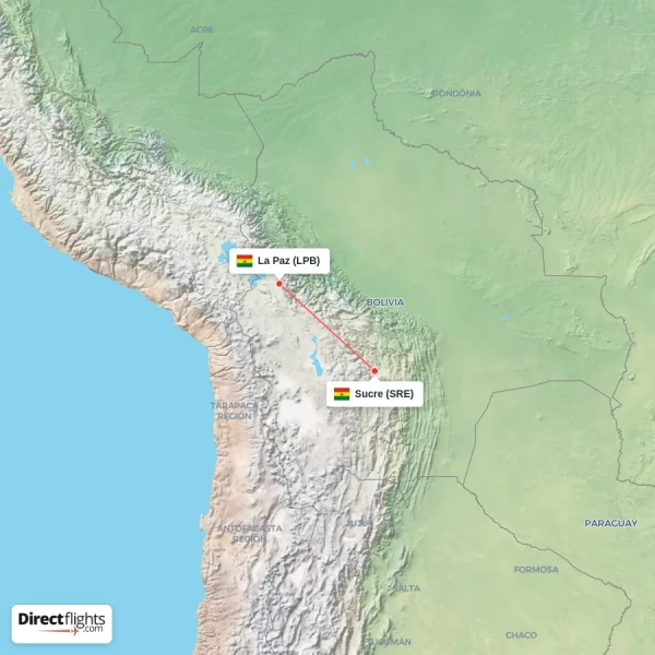 Sucre - La Paz direct flight map