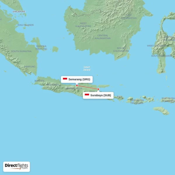 Semarang - Surabaya direct flight map