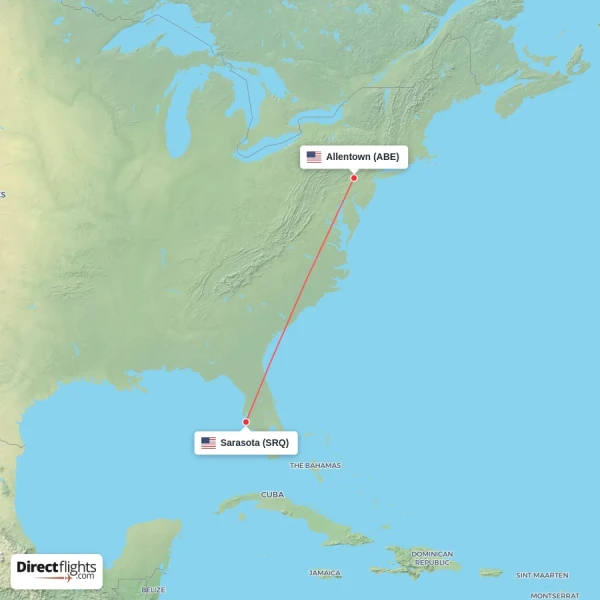 Sarasota - Allentown direct flight map