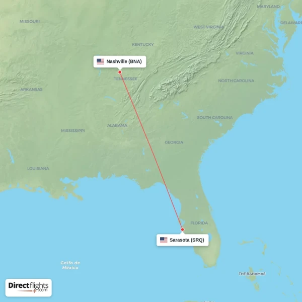 Sarasota - Nashville direct flight map