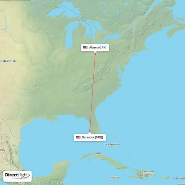 Sarasota - Akron direct flight map