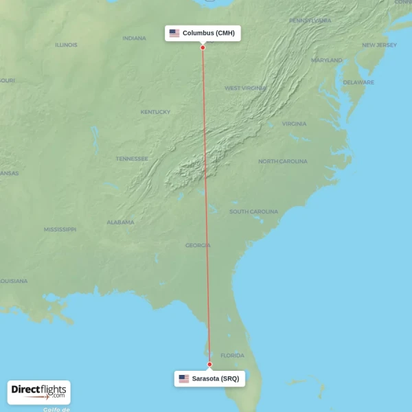 Sarasota - Columbus direct flight map
