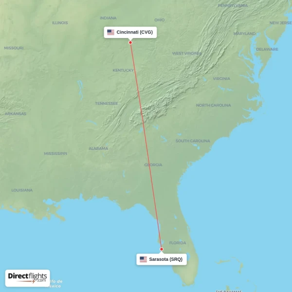 Sarasota - Cincinnati direct flight map