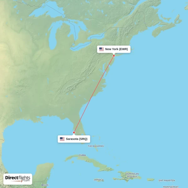 Sarasota - New York direct flight map