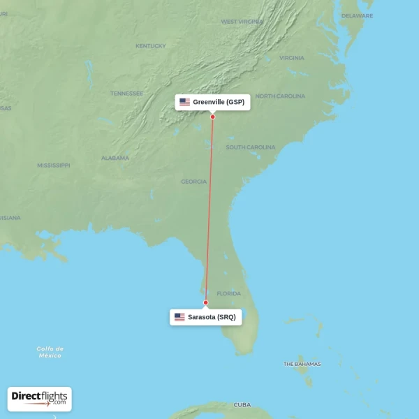 Sarasota - Greenville direct flight map