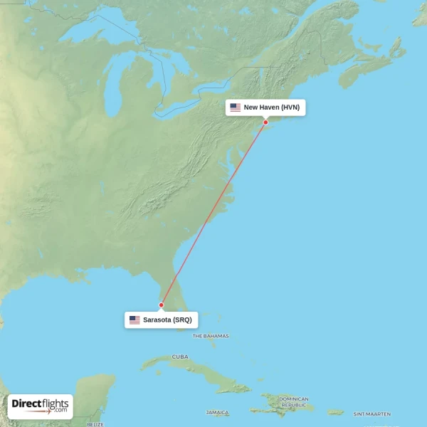 Sarasota - New Haven direct flight map