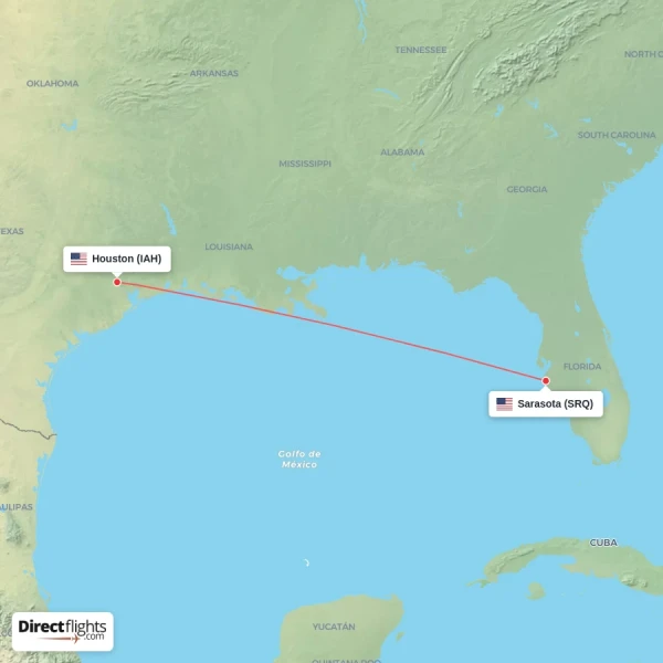 Sarasota - Houston direct flight map