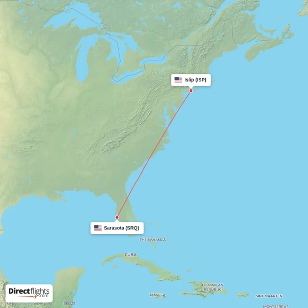 Sarasota - Islip direct flight map