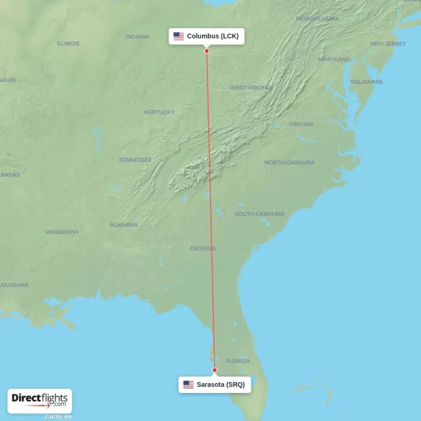 Sarasota - Columbus direct flight map
