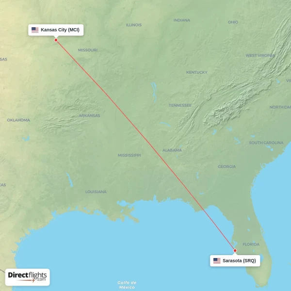 Sarasota - Kansas City direct flight map