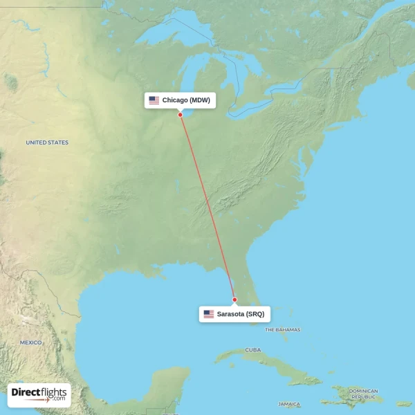 Sarasota - Chicago direct flight map