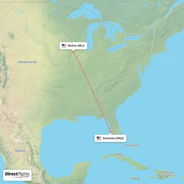 Sarasota - Moline direct flight map