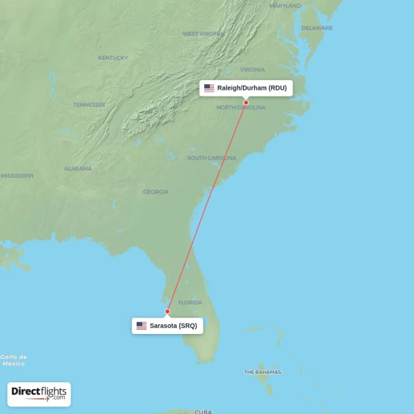 Sarasota - Raleigh/Durham direct flight map