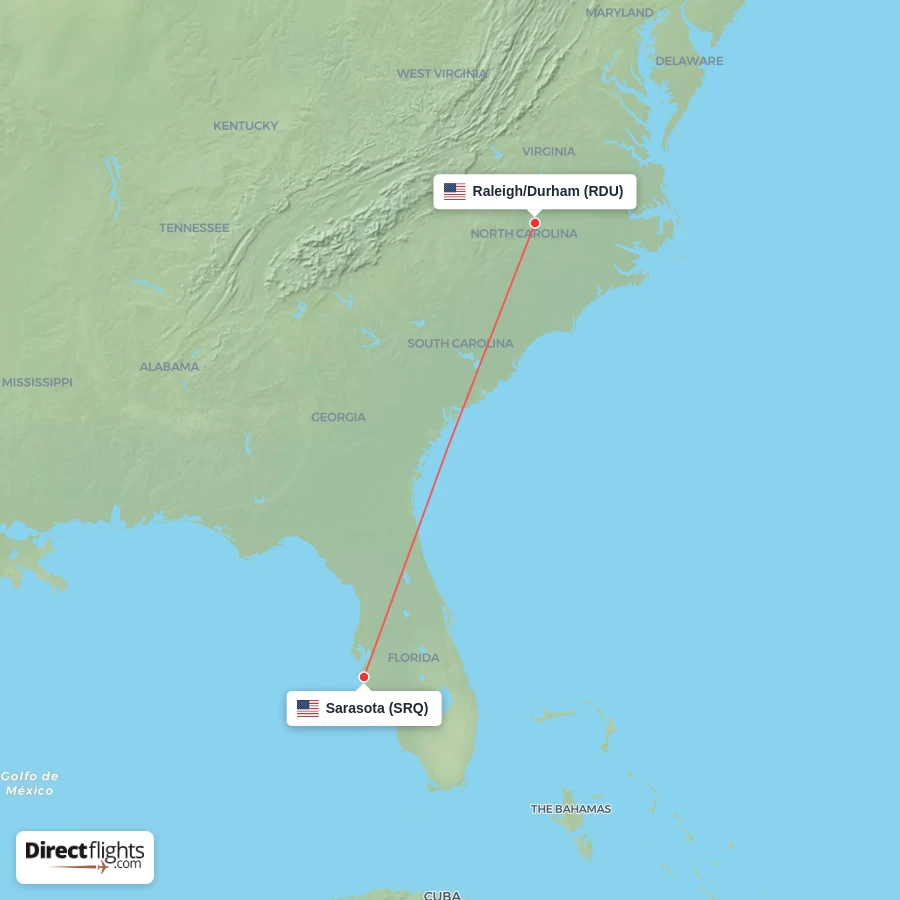 SRQ - RDU route map