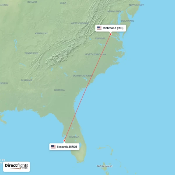 Sarasota - Richmond direct flight map