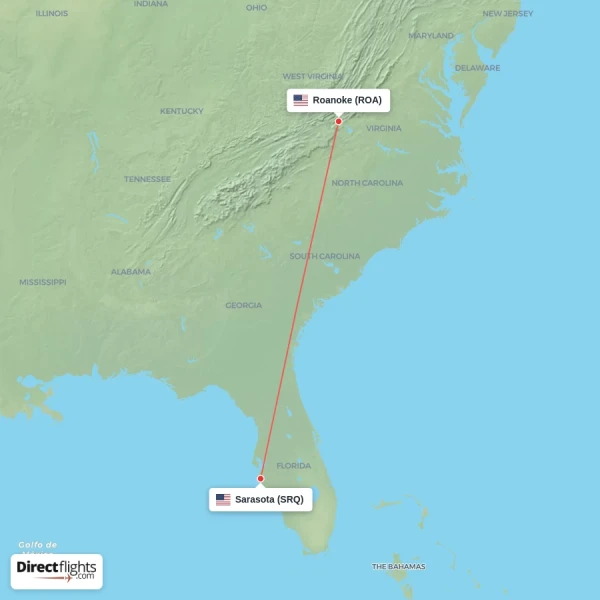 Sarasota - Roanoke direct flight map