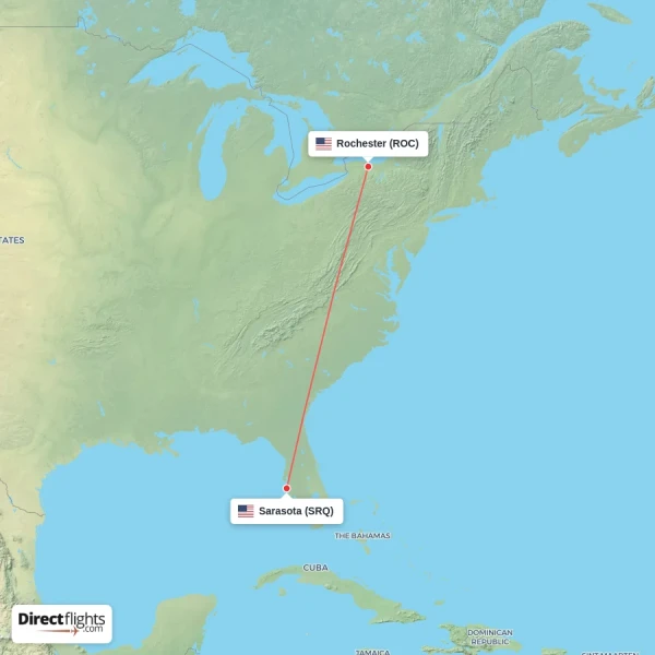 Sarasota - Rochester direct flight map