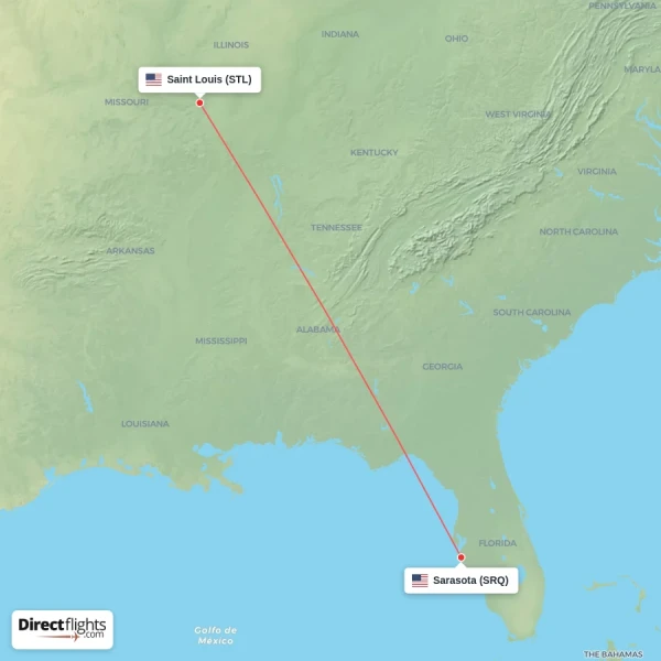 Sarasota - Saint Louis direct flight map