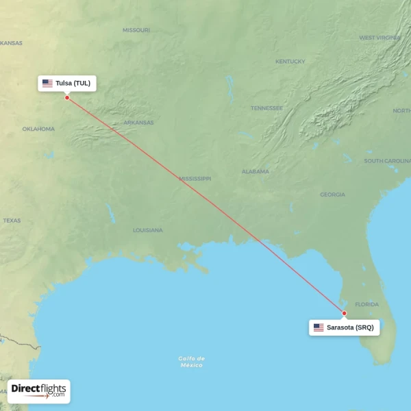 Sarasota - Tulsa direct flight map