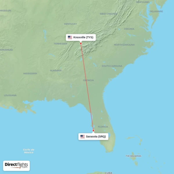 Sarasota - Knoxville direct flight map