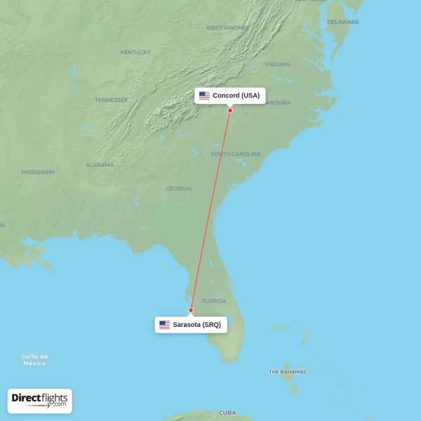 Sarasota - Concord direct flight map