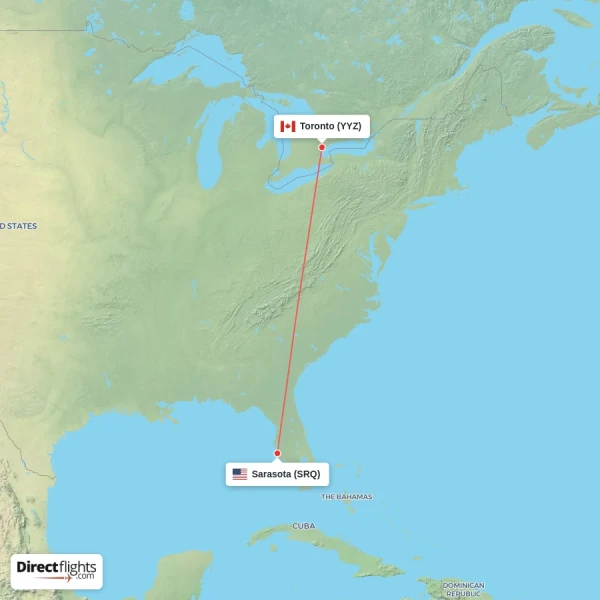 Sarasota - Toronto direct flight map