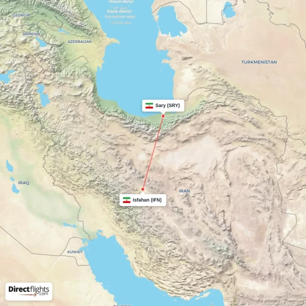 Sary - Isfahan direct flight map
