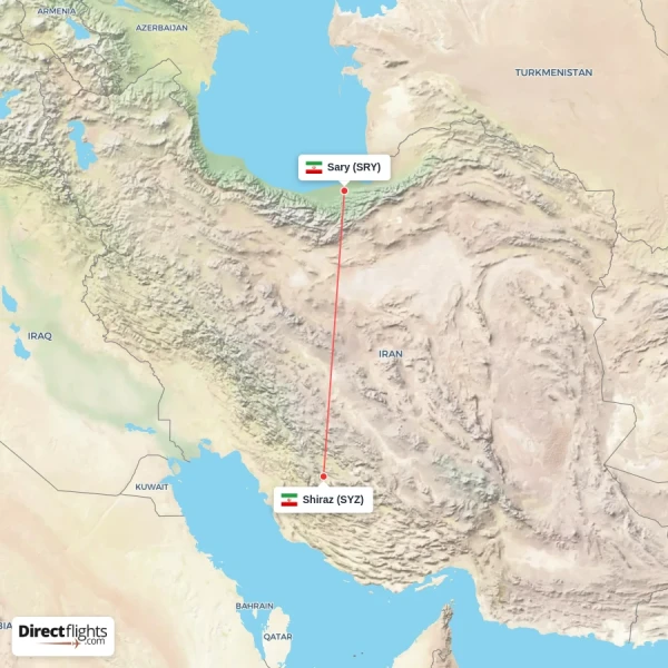 Sary - Shiraz direct flight map