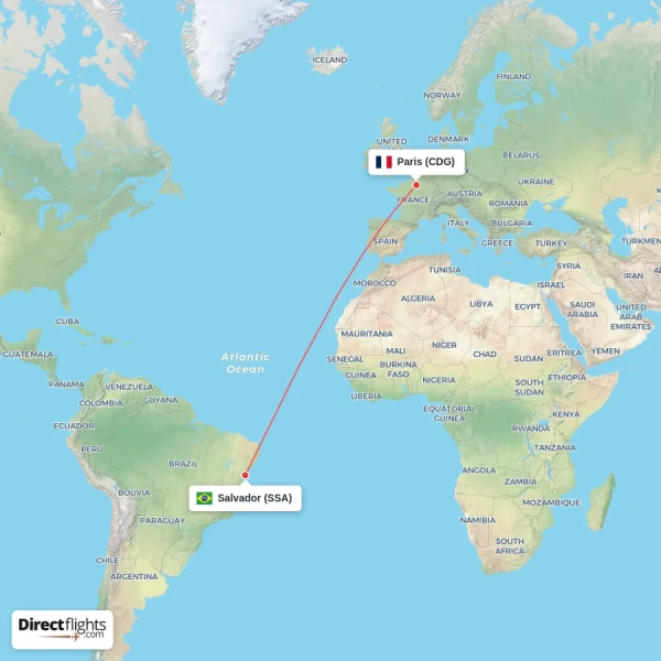 Salvador - Paris direct flight map